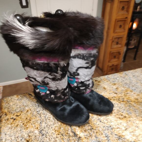 Tecnica Leather Fur Embroidered Boots Mid Calf Multicolor Women's Size US 6.5 - Picture 3 of 15